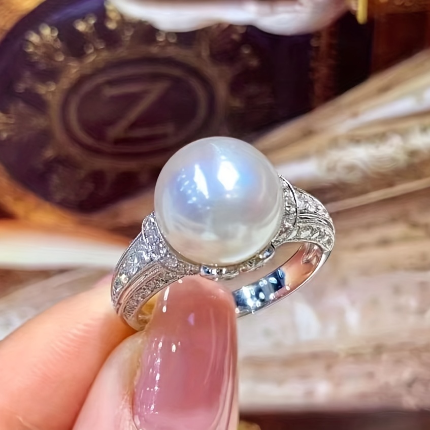French Palace Style Pearl Copper Ring with Zirconia - Ladies